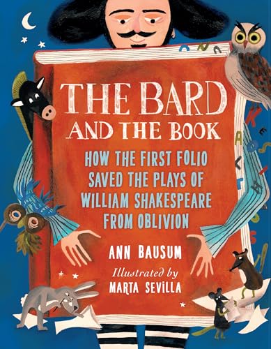 Book cover with Shakespeare’s face emerging from an open, red folio.