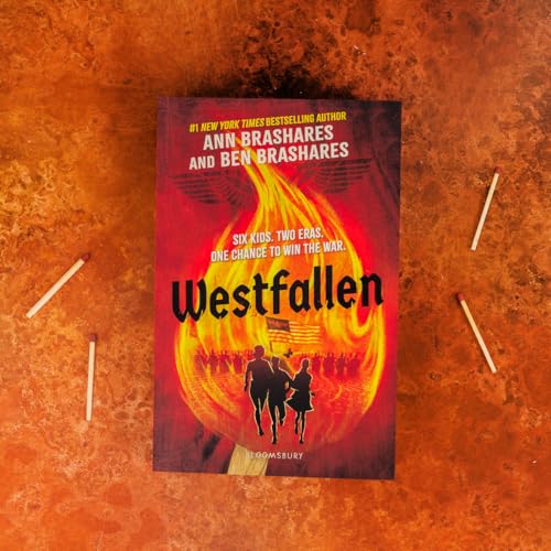 Book cover for Westfallen featuring a large flame, silhouettes of children, and scattered matches.
