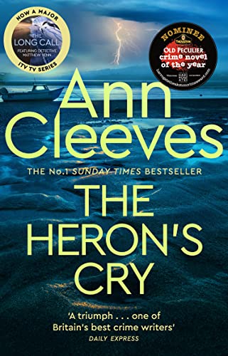 Book cover for The Heron's Cry by Ann Cleeves featuring a beach and lightning.