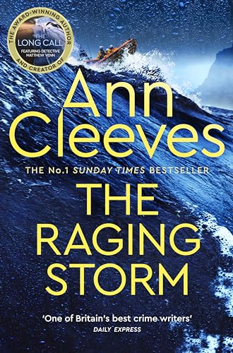 Book cover: stormy sea, small boat, large yellow title "The Raging Storm".