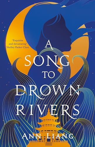 Book cover: silhouette of a woman, moon, and pagoda in blue and gold.