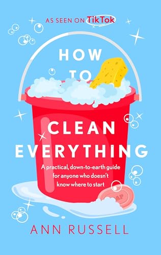 Book cover: red bucket with bubbles, sponge, and soap, titled "How to Clean Everything".
