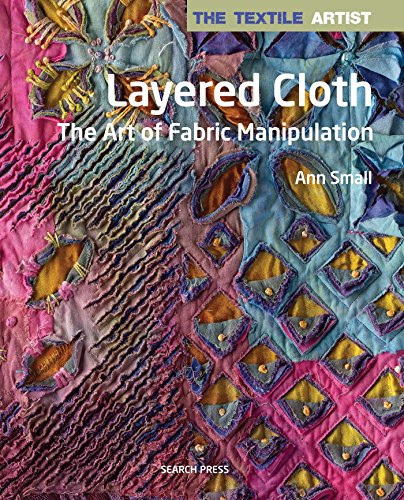 Book cover showing textured, layered fabric with pink, blue, and gold geometric stitching patterns.