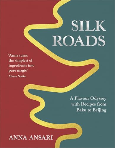 Cookbook cover: “Silk Roads” with a gold winding line design.