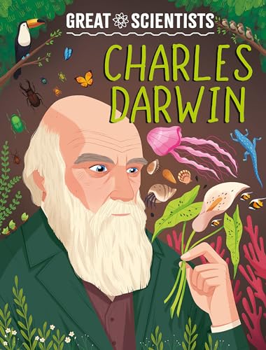 Book cover featuring Charles Darwin with illustrations of plants and animals.