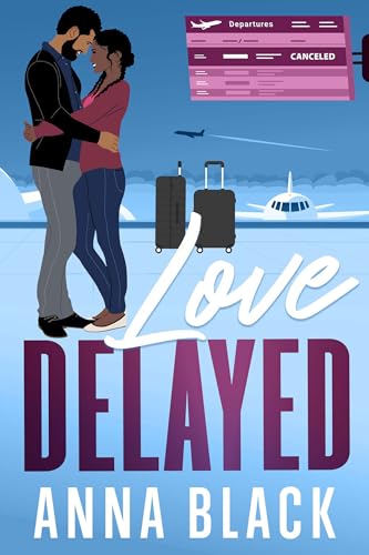 Couple embracing at an airport with a canceled departures board.