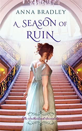 Book cover: woman in blue dress on grand staircase, "A Season of Ruin".