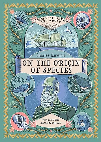 Book cover for "On the Origin of Species" featuring Darwin and animals.