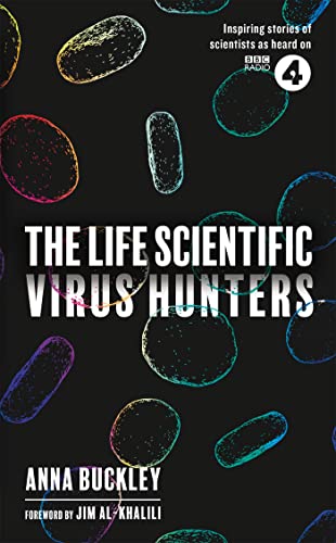 Book cover: "The Life Scientific: Virus Hunters" with colorful virus shapes.
