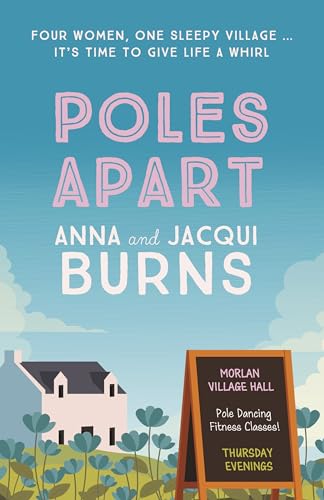 Book cover with village scene, text “Poles Apart” and a chalkboard sign.