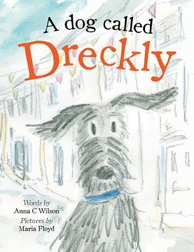 A watercolor illustration of a shaggy black dog in a town street setting.