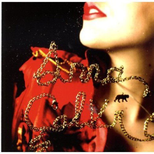 Close-up of a woman's face and red clothing with gold chain lettering overlay.