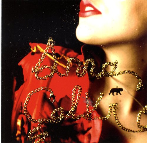 Close-up of a woman’s face with gold chains spelling “Anna Calvi” and a bear.