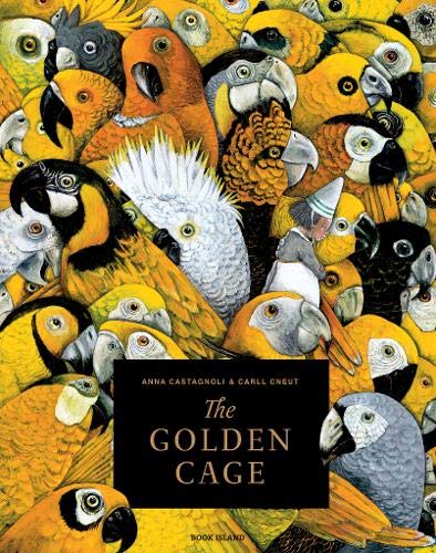 Book cover: many colorful parrots and a man in a hat.