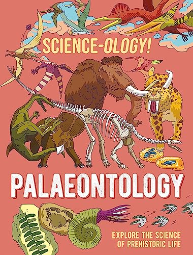 Book cover illustration featuring various prehistoric animals, fossils, and skeletons on a pink background.