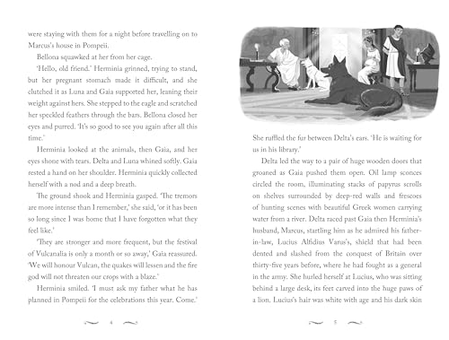 Book page with text and an illustration of a large dog and people indoors.