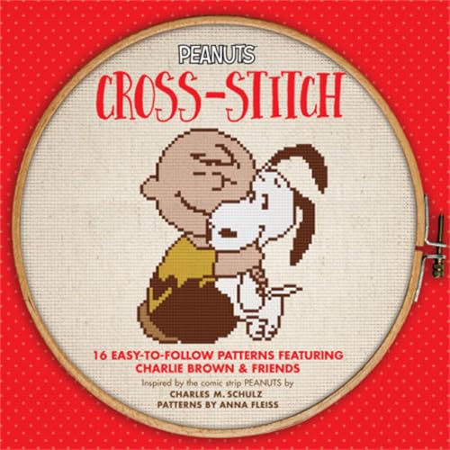 Peanuts cross-stitch book cover featuring Charlie Brown and Snoopy in embroidery.