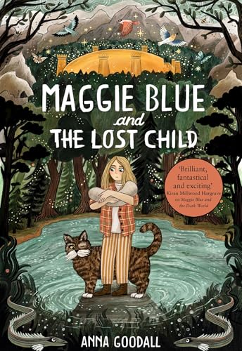 A girl holding a baby stands with a large cat before a forest lake.