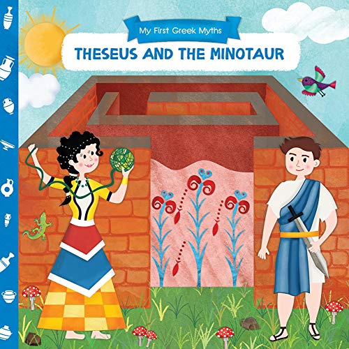 Ariadne and Theseus stand before a brick maze on this illustrated book cover.