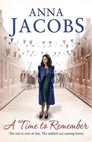 Book cover: woman in coat stands on a street with bunting.
