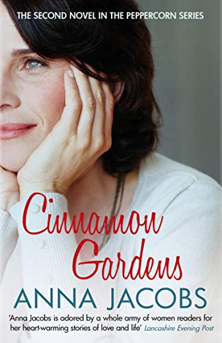 Book cover: "Cinnamon Gardens" by Anna Jacobs, featuring a woman’s portrait.