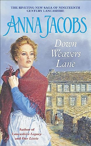 Book cover: woman in shawl, rural buildings, title "Down Weavers Lane".