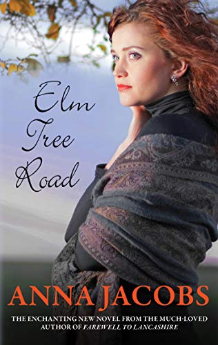 Book cover: woman with red hair, titled “Elm Tree Road” by Anna Jacobs.