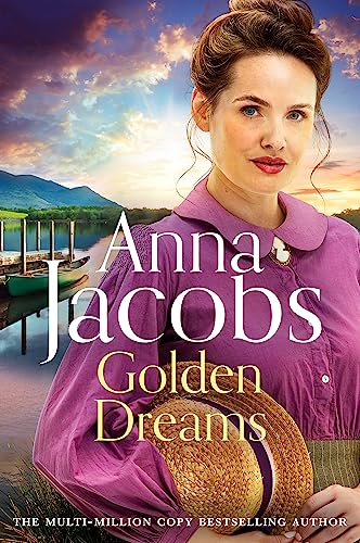 Book cover with a woman in purple, a lake, and mountains.