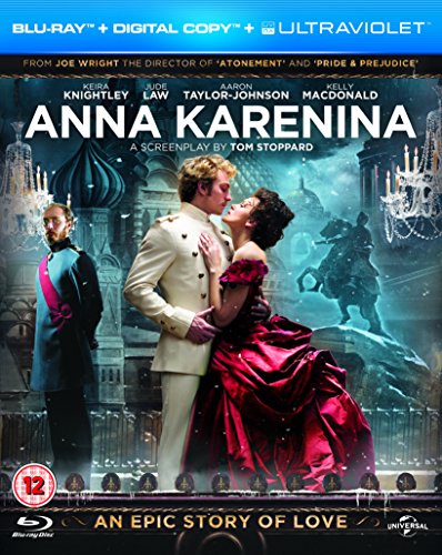 Blu-ray cover of Anna Karenina featuring a couple dancing before a Russian architectural backdrop.