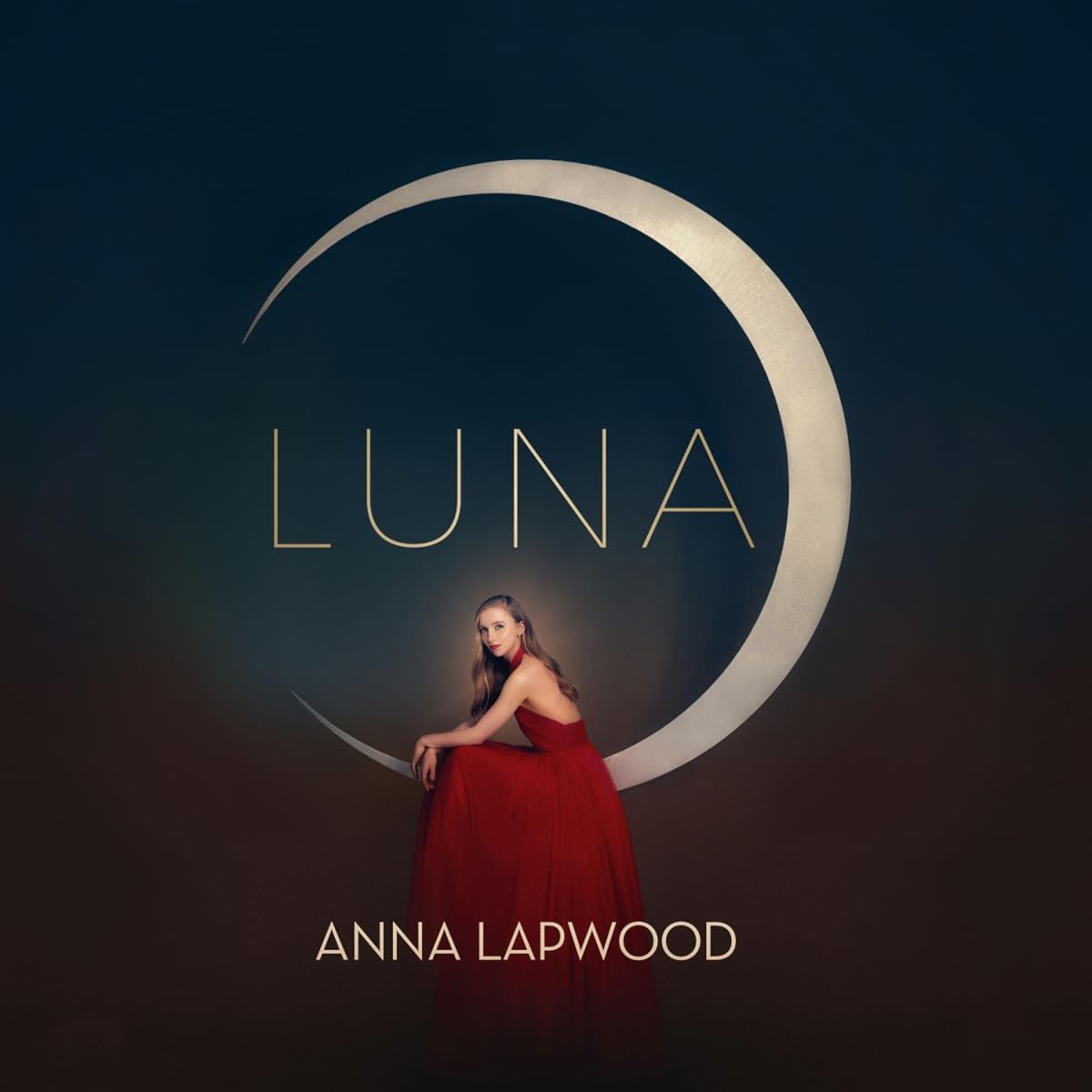 Album cover for Anna Lapwood’s “Luna” featuring a crescent moon and woman in red.