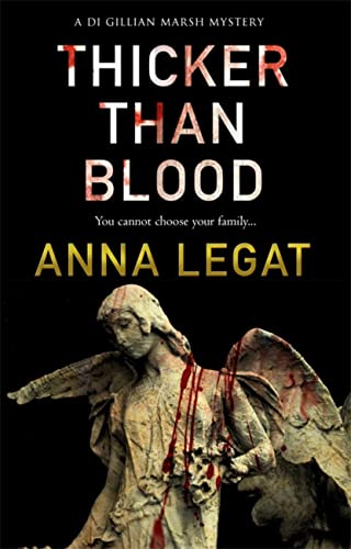 Book cover: “Thicker Than Blood” with a statue and blood-red text.