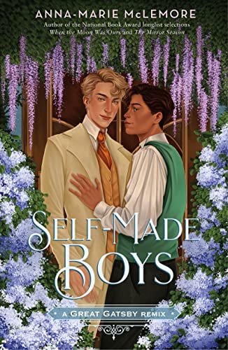 Two young men stand together surrounded by purple wisteria flowers on a book cover.