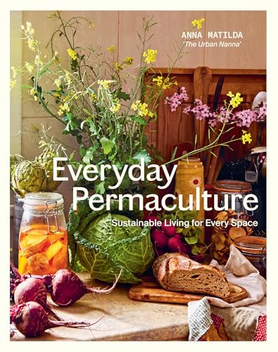 Book cover: “Everyday Permaculture” with vegetables, flowers, and jars.
