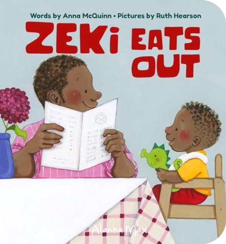 Book cover illustration of a parent reading a menu to a toddler in a chair.