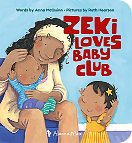 A woman holds a baby while a toddler stands nearby on a blue background.