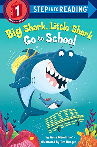 Book cover: big and little sharks with a backpack, going to school.