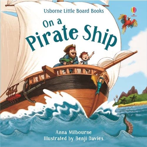 Pirate ship illustration with a pirate, child, and mermaid at sea.