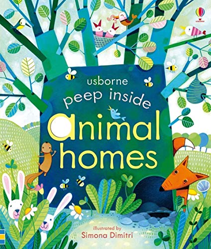 Illustrated book cover titled Peep Inside Animal Homes featuring a tree, fox, and rabbits.
