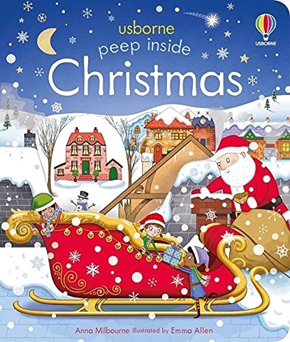 Peep Inside Christmas" book cover with Santa, sleigh, and snowy village scene.