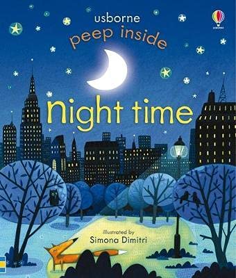 Night-time city scene with a crescent moon, fox, and owl from a children’s book.
