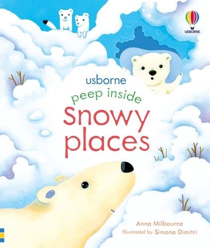 Book cover with polar bears and snowy landscapes, “Peep Inside Snowy Places”.
