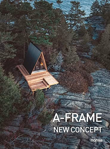 A-frame cabin with a wooden deck, set amongst rocky, forested terrain.
