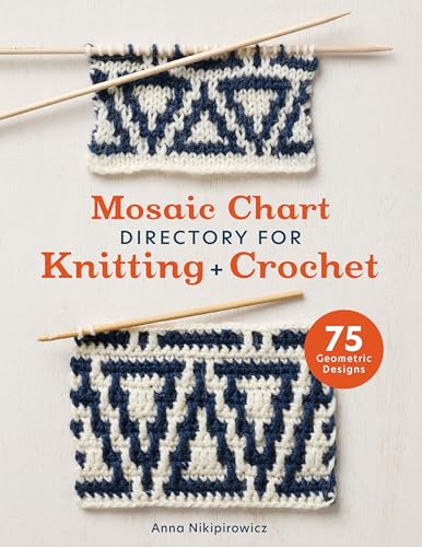 Book cover showing blue and white mosaic knitting and crochet swatches with needles.
