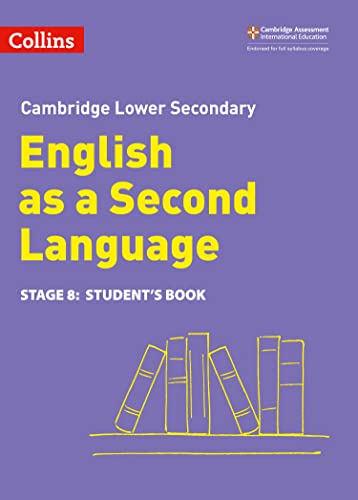 Purple textbook cover with yellow text: "English as a Second Language, Stage 8.