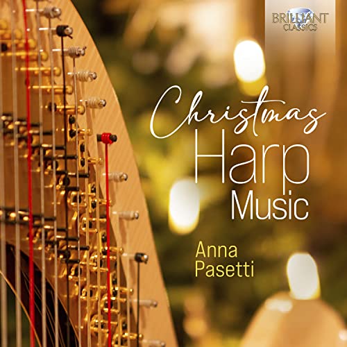 CD cover for Anna Passetti’s “Christmas Harp Music” with a harp image.