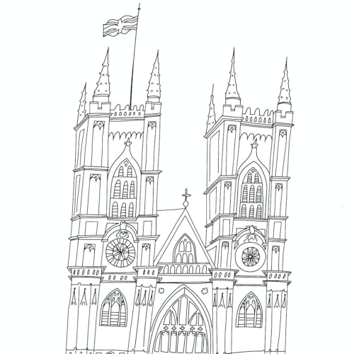 Line drawing of Westminster Abbey with a waving Union Jack flag.