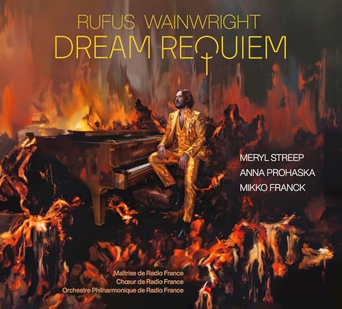 Rufus Wainwright album cover: man on piano with fiery background.
