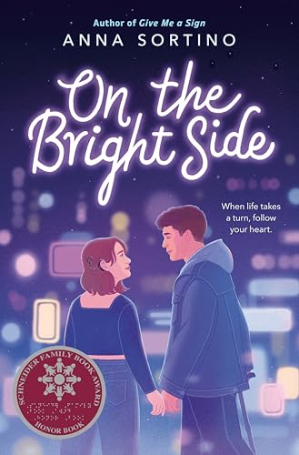 Book cover: young couple holding hands, city lights background.