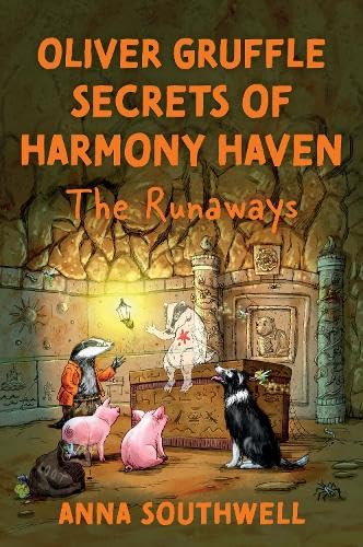 Book cover featuring a dog, pigs, and a creature in a stone cavern.