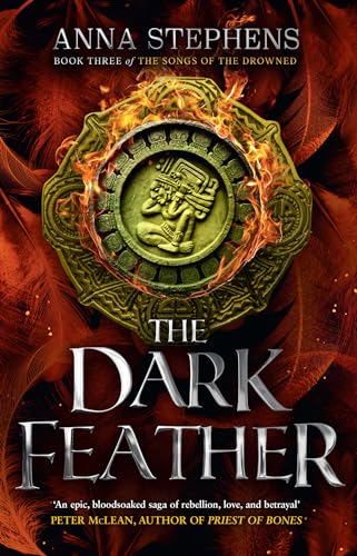 Book cover: "The Dark Feather" with ornate emblem and fiery details.